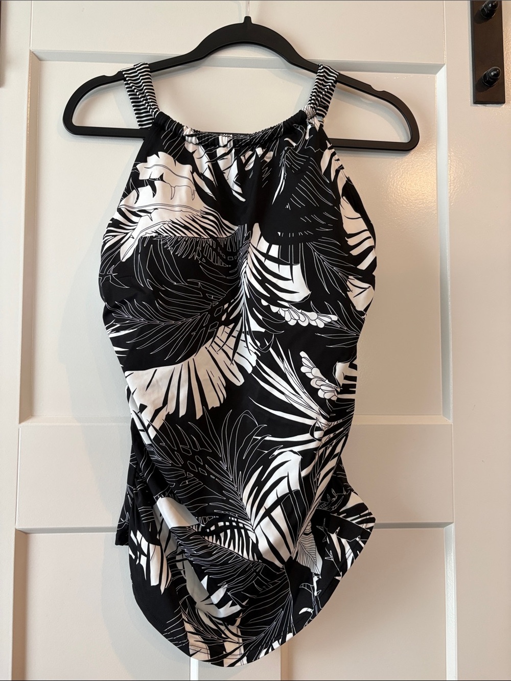 Black & White Tropical One-Piece Swimsuit - High Neck